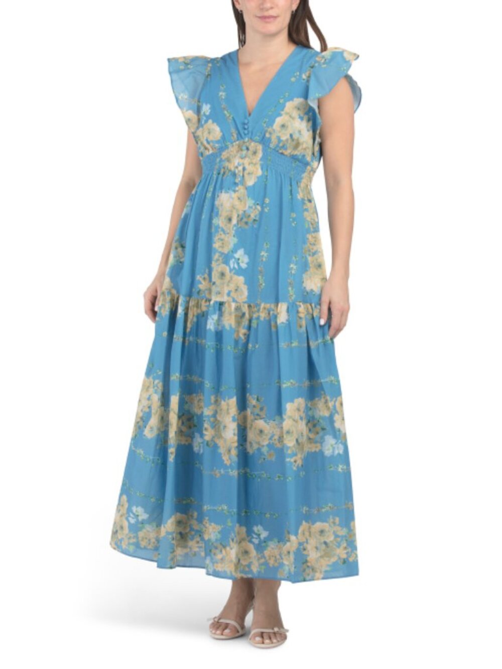 Taylor Blue Floral V Neck Flutter Sleeve Ruffle Maxi Dress Size 10 - Picture 2 of 3